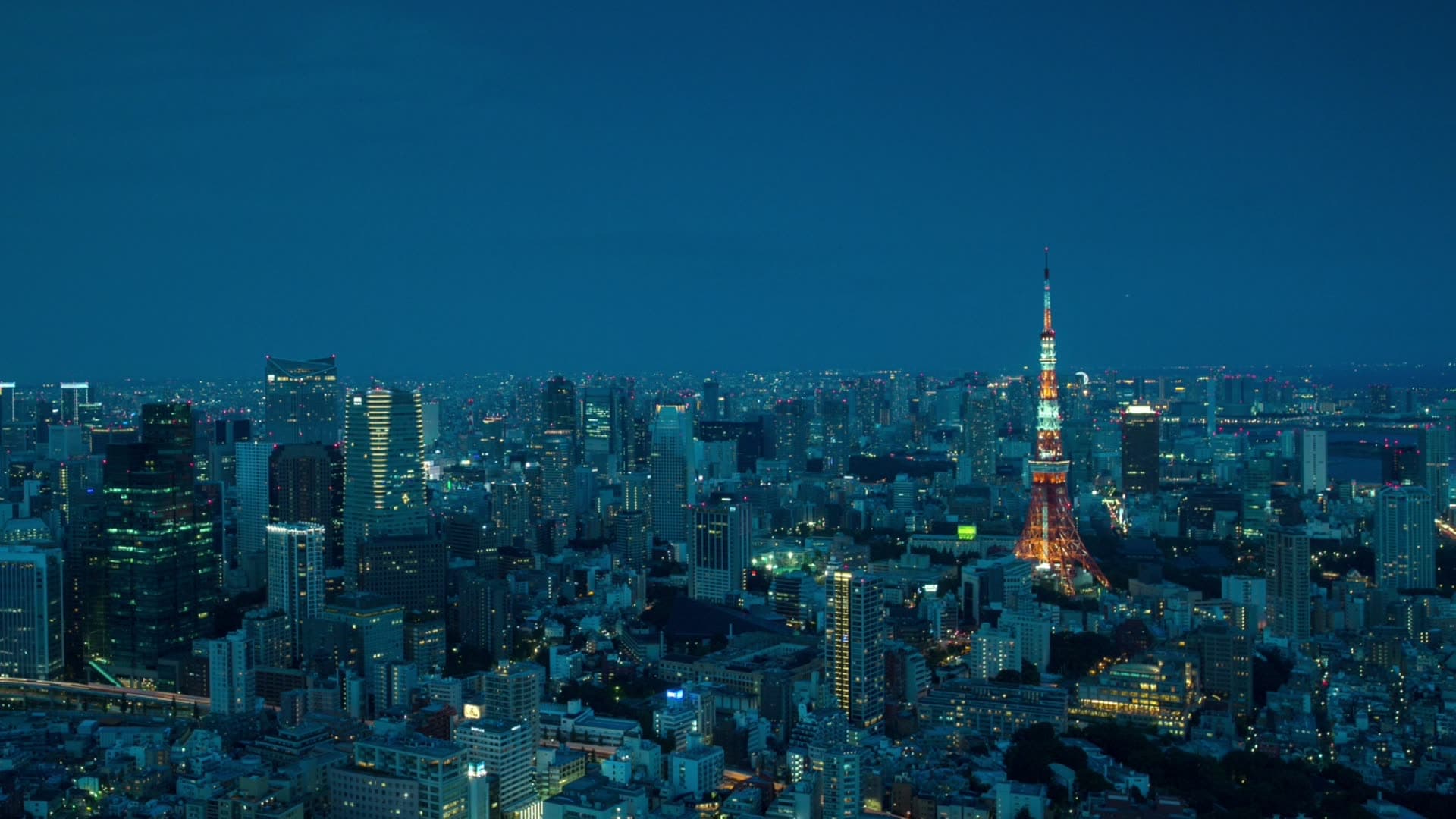 City skyline at night with an illuminated tower