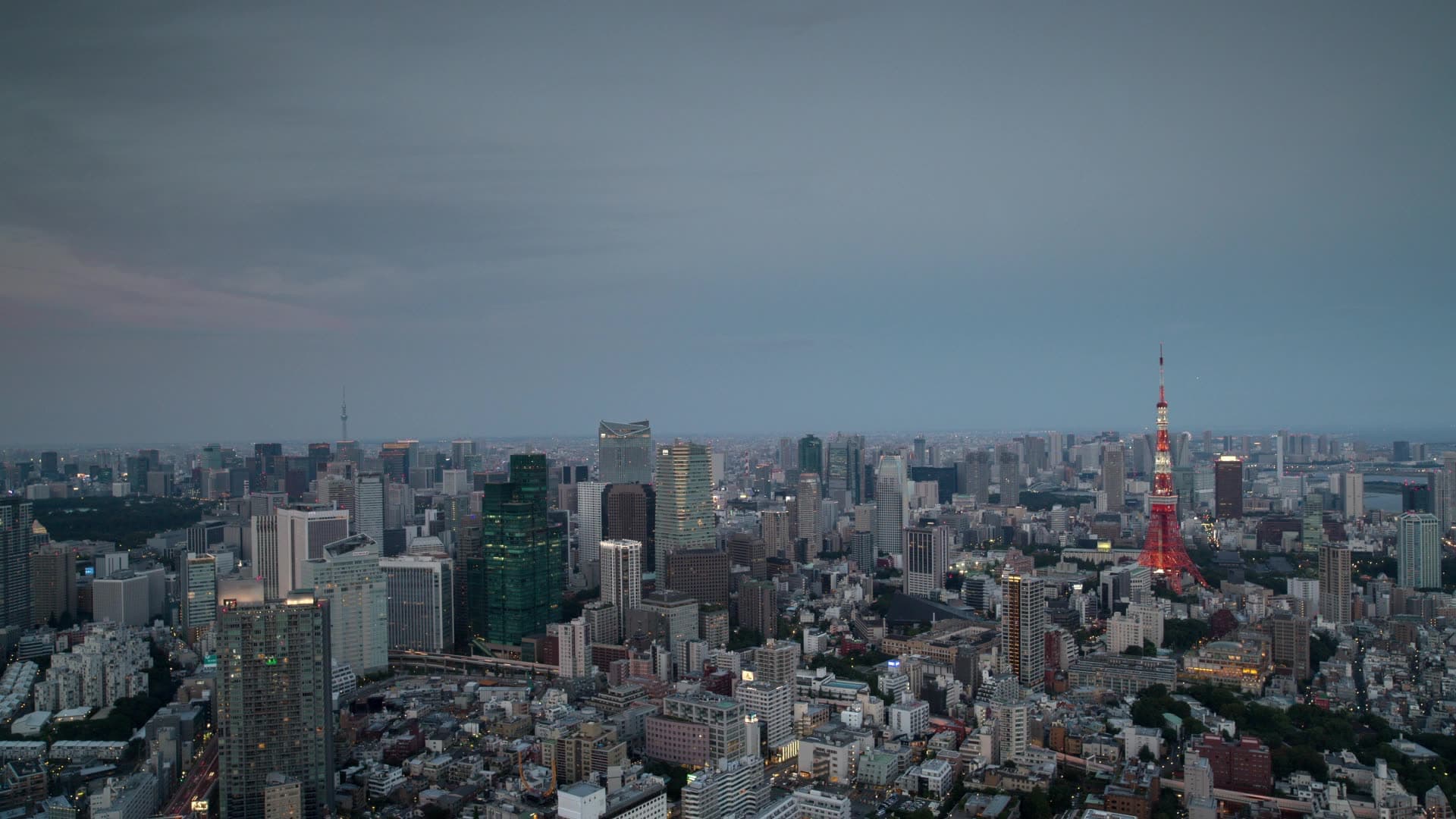City skyline at dusk as daylight fades